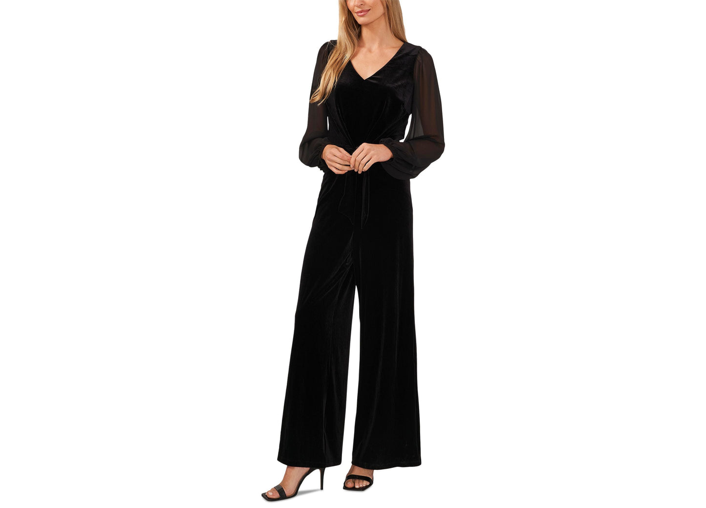 Women's Long-Sleeve Tie-Waist V-Neck Jumpsuit