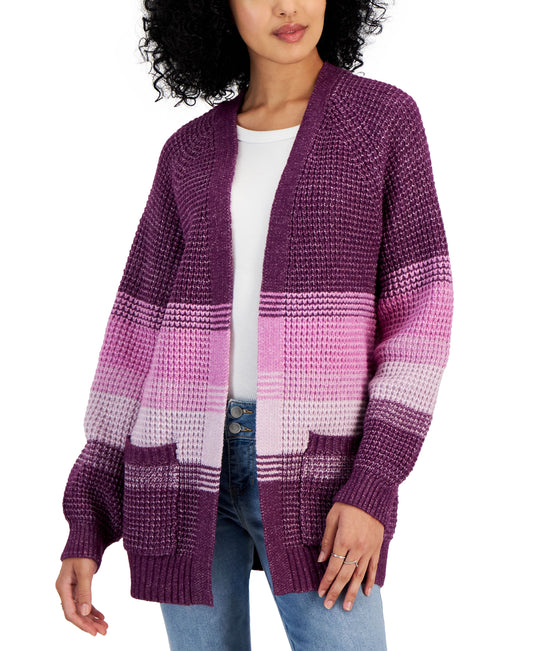 Juniors' Ombr� Striped Waffle-Knit Long Cardigan