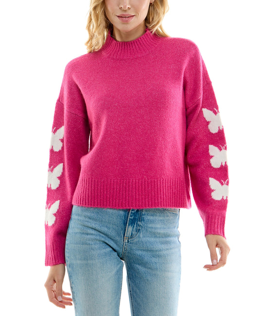 Juniors' Butterflies Mock-Turtleneck Sweater