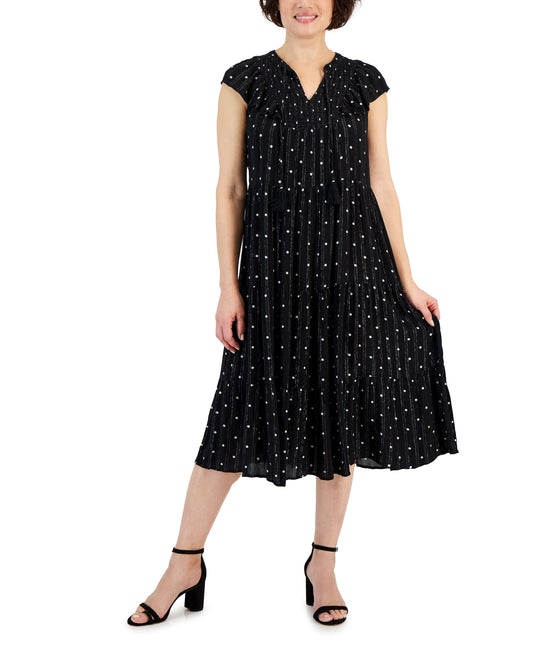 Women's Printed Ruffled Shine Midi Dress Black Polka Dot XL