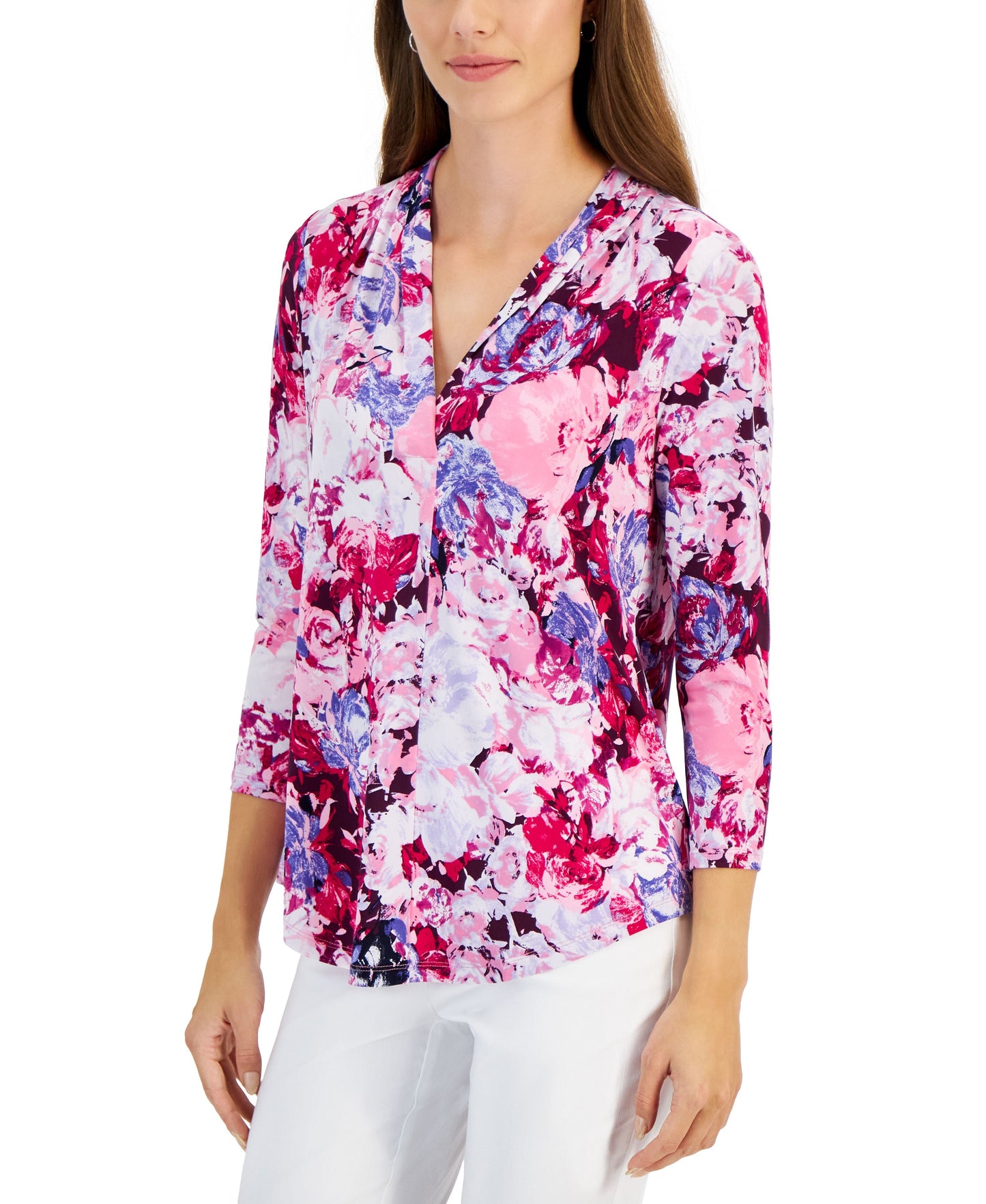 Women's Floral-Print Pleated-Shoulder Top