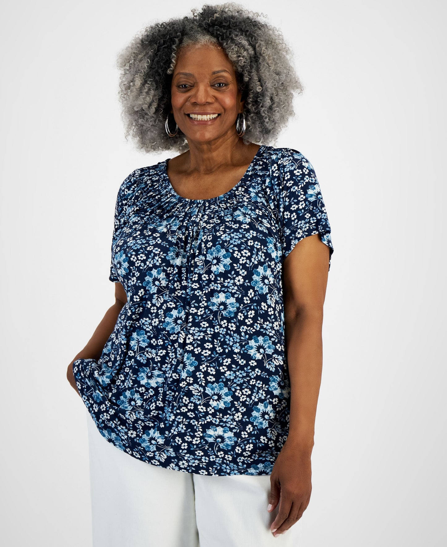 Plus Size Printed Pleated-Neck Top