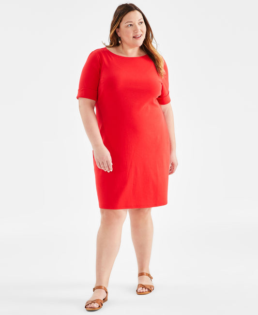 Plus Size Solid Boat-Neck Dress