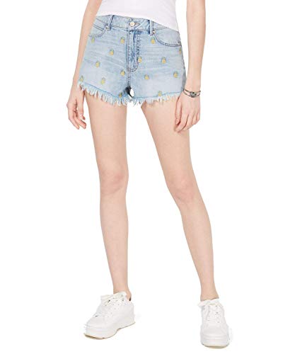 Juniors' Pineapple Embroidered Frayed Denim Shorts