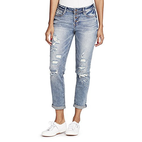 Juniors' Ripped Appliqued Relaxed Fit Girlfriend Jeans