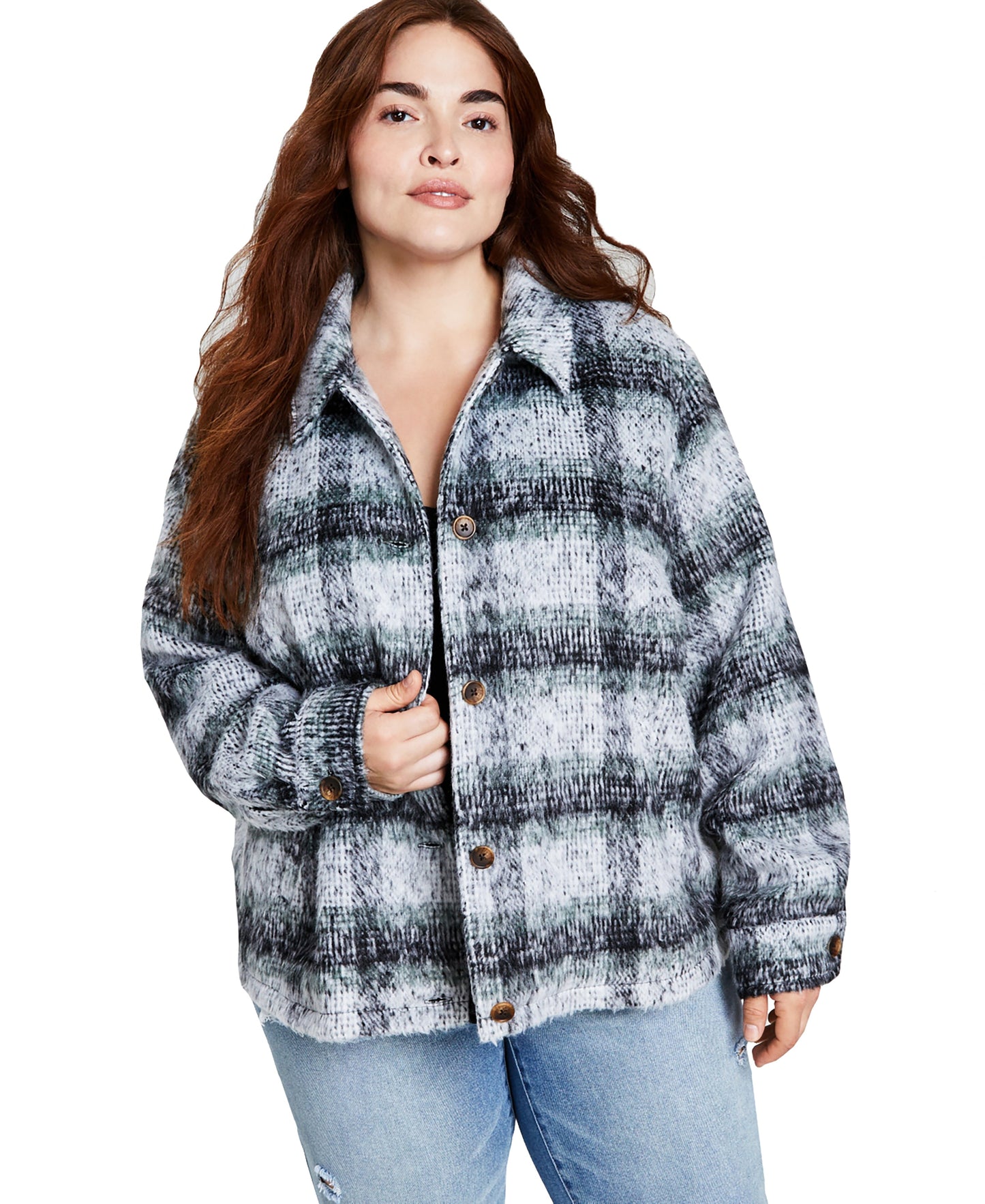 Trendy Plus Size Plaid Shirt Jacket