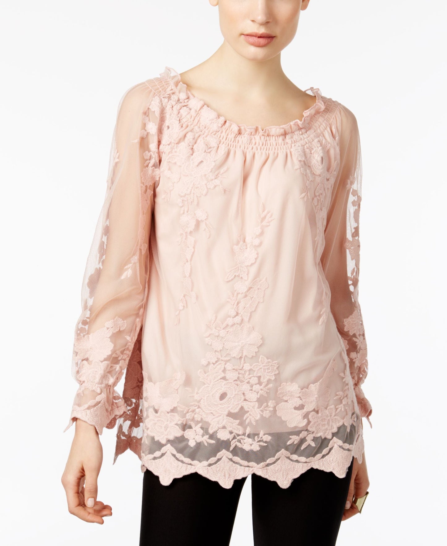 Marled Floral Mesh Off The Shoulder Peasant Top